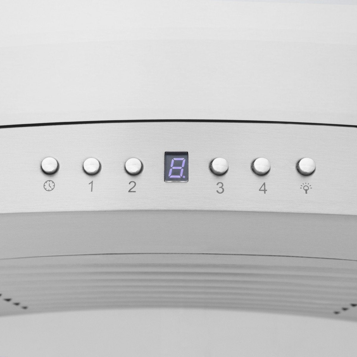 Stainless steel range hood touch controls with digital display and light indicator icons