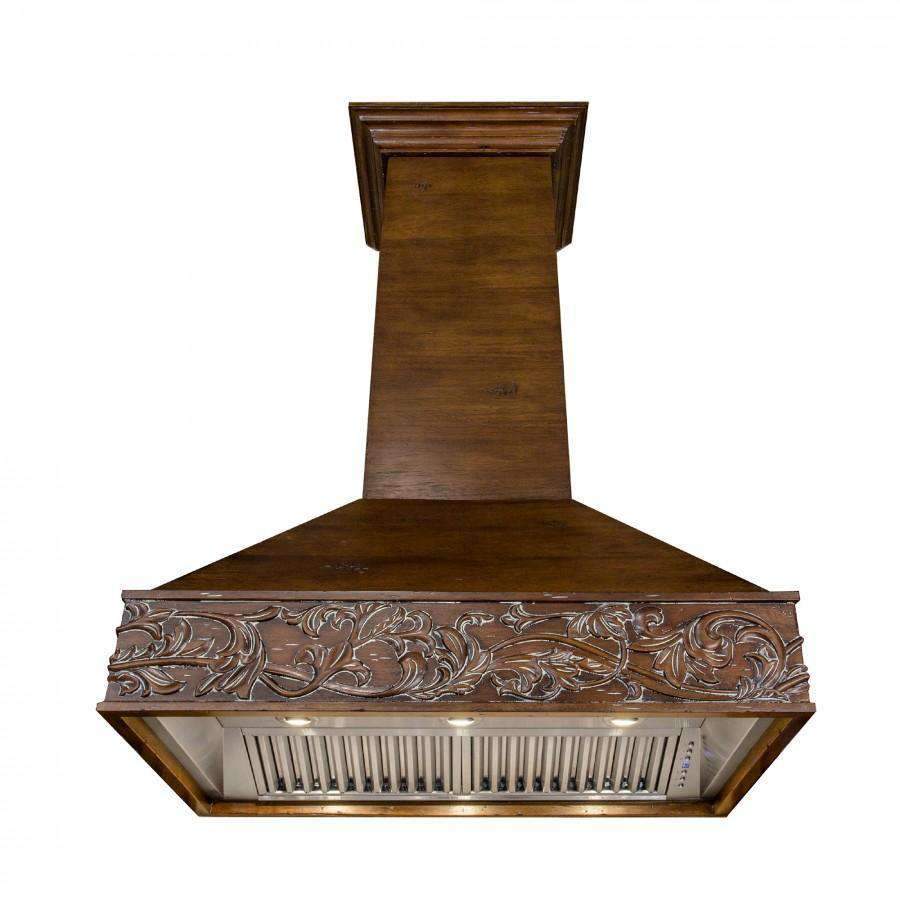 Wooden wall range hood with carved front edge and stainless grille vent