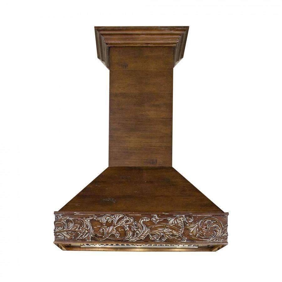 Wooden wall mount range hood with flared canopy and ornate carved border