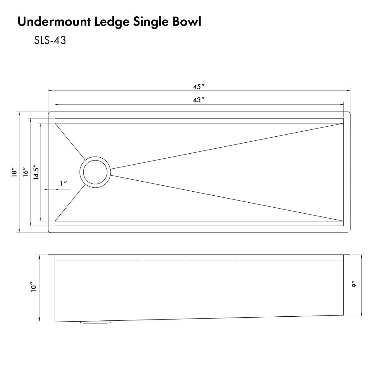 Single-bowl undermount sink size diagram with width and length measurements