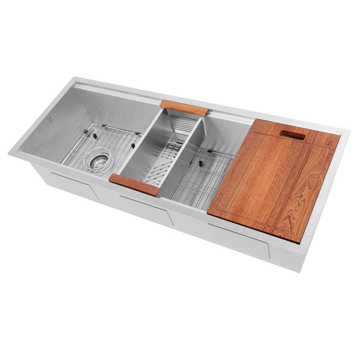 Single-bowl kitchen sink with bottom rack, strainer drain, and wood cutting board