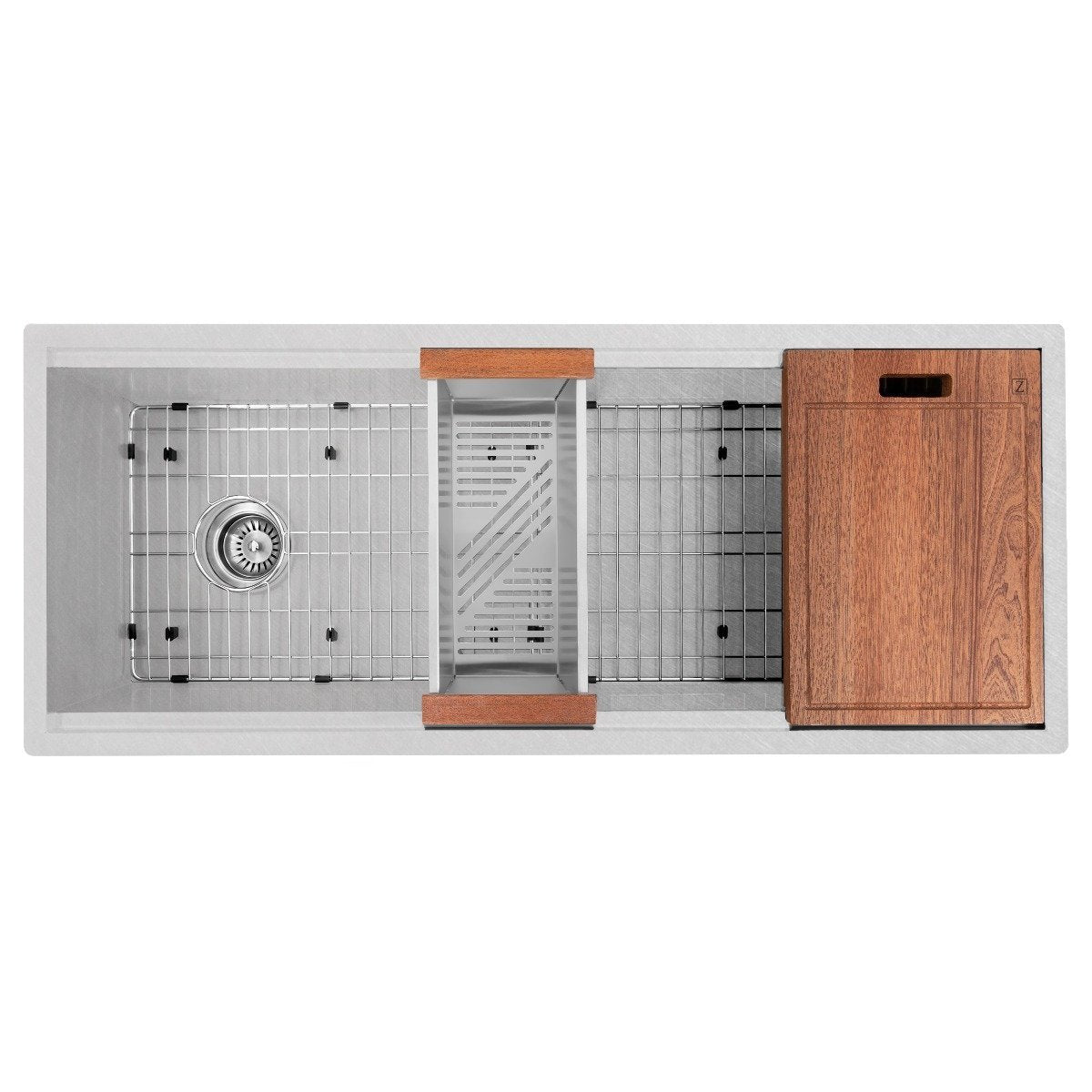 Single-bowl kitchen sink layout showing drain, rack channels, and wood board