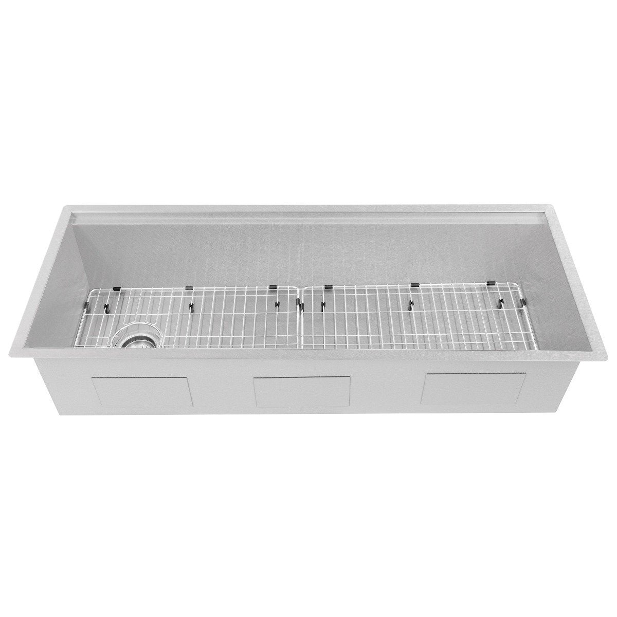 Satin stainless steel single-bowl kitchen sink with bottom grid