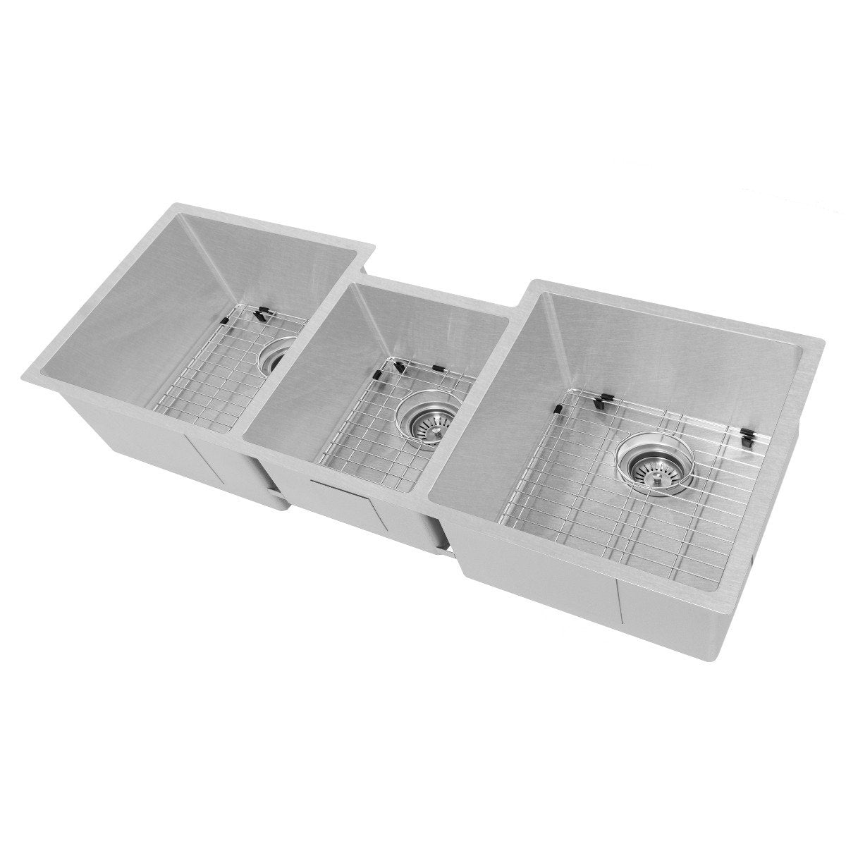 Stainless steel triple-bowl kitchen sink with wire racks and round drain strainers