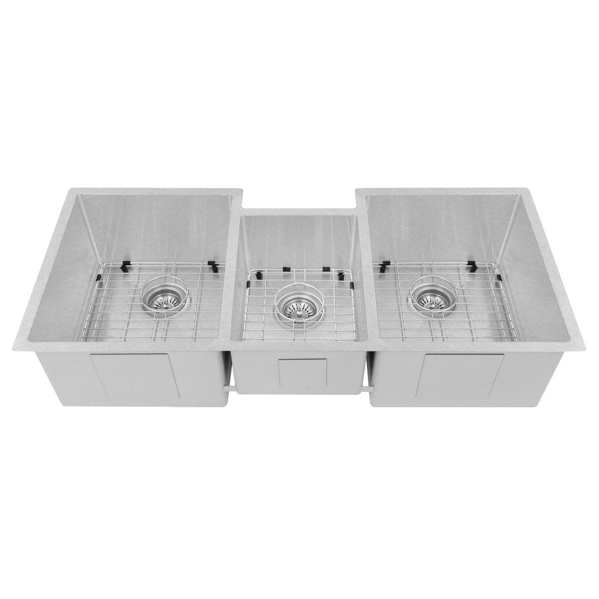 Stainless steel triple-bowl kitchen sink with three drain strainers and wire bottom grids