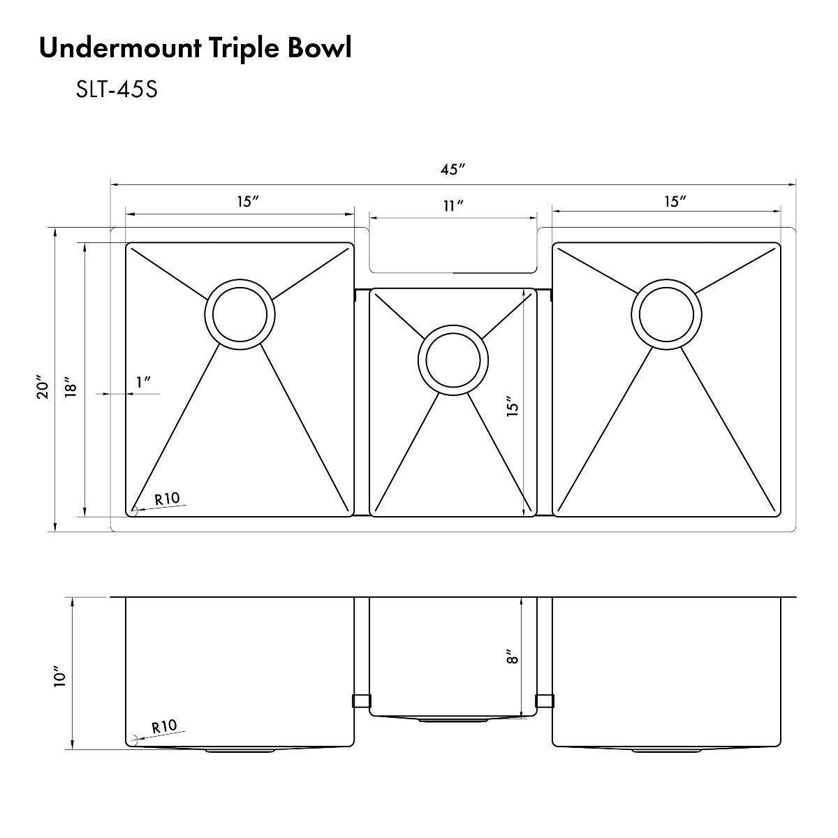 Triple-bowl undermount sink dimension diagram with three circular drain openings