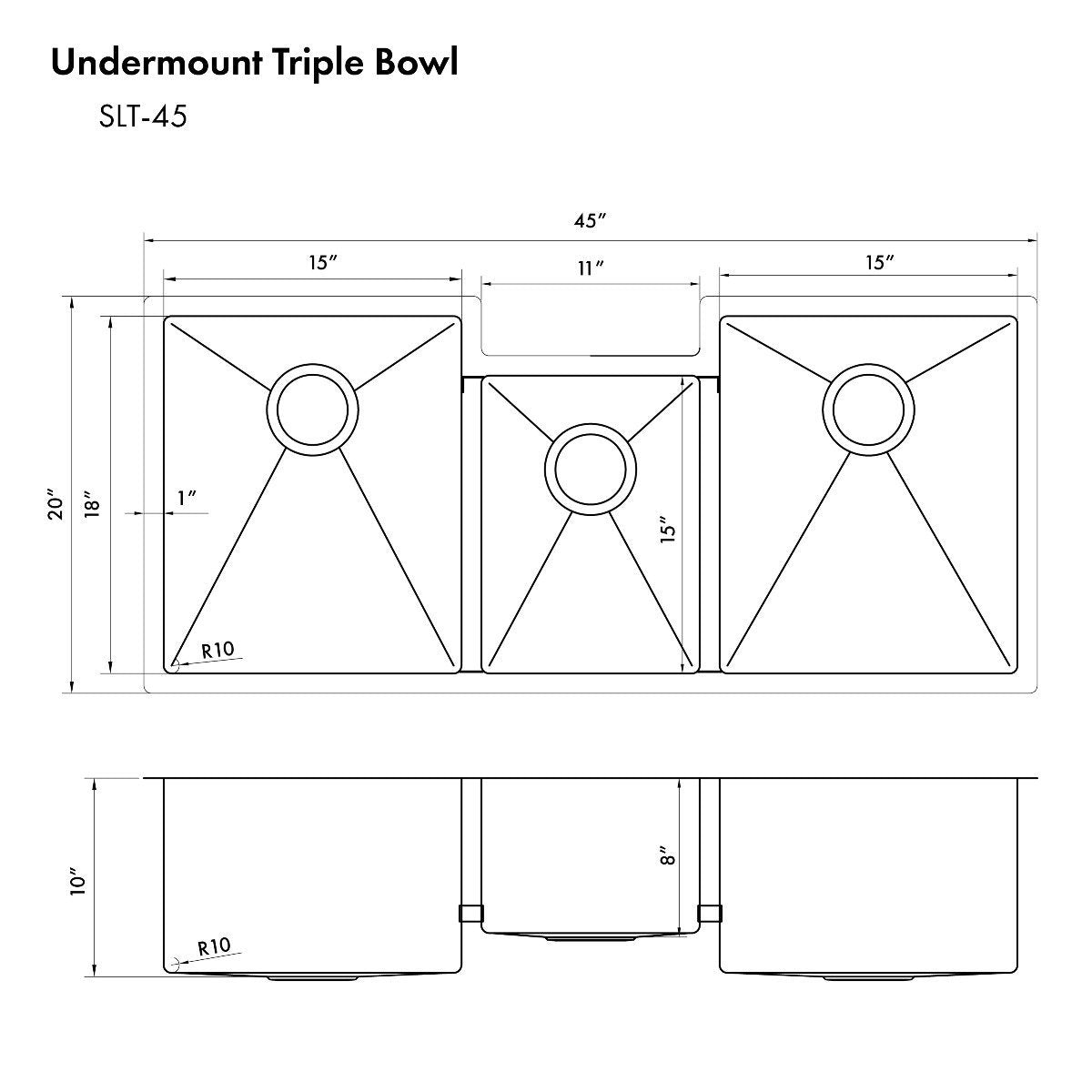 Triple bowl undermount kitchen sink with three square bowls and circular drain openings