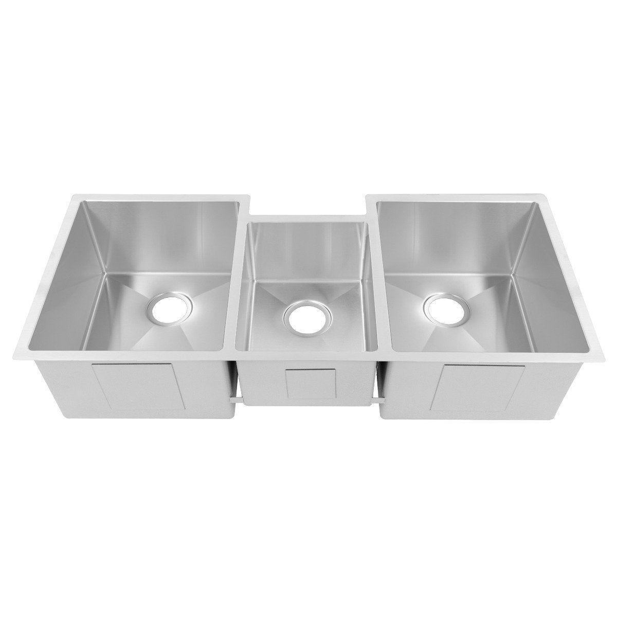 Triple bowl undermount sink with three basins and round drain openings