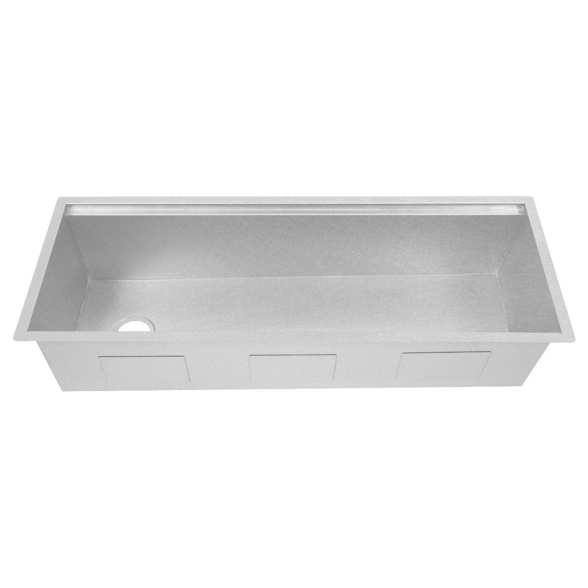 Single-bowl stainless steel kitchen sink viewed from above with drain hole