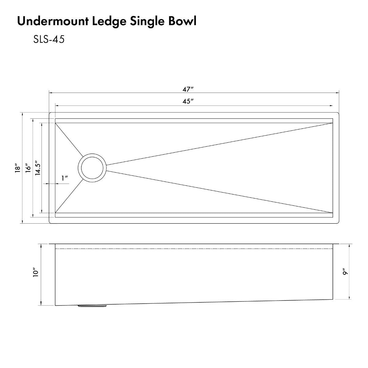 Single-bowl undermount sink line drawing with top and side dimension lines