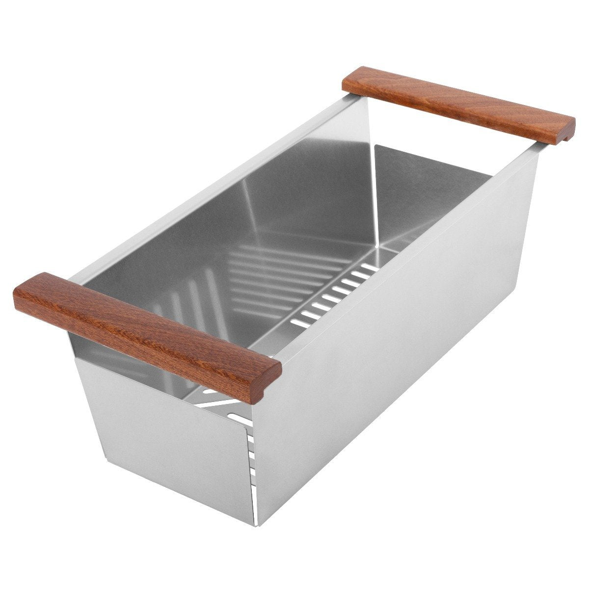 Single-bowl stainless steel kitchen sink with bottom grid and wood handles