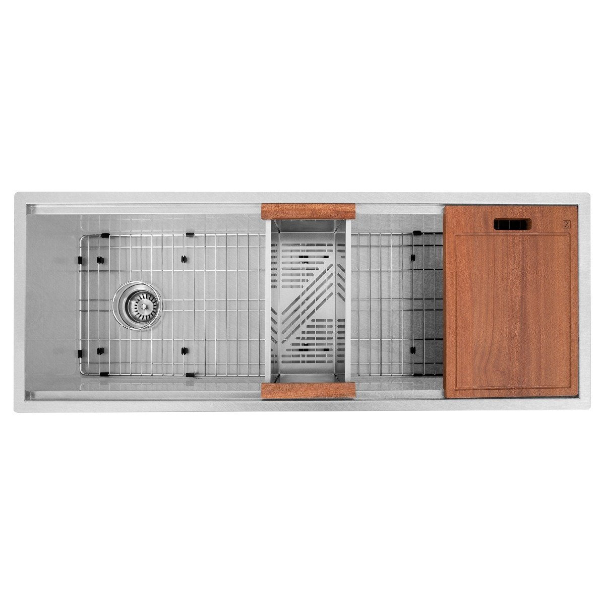 Single-bowl stainless steel kitchen sink with bottom rack, wood side panel and divider