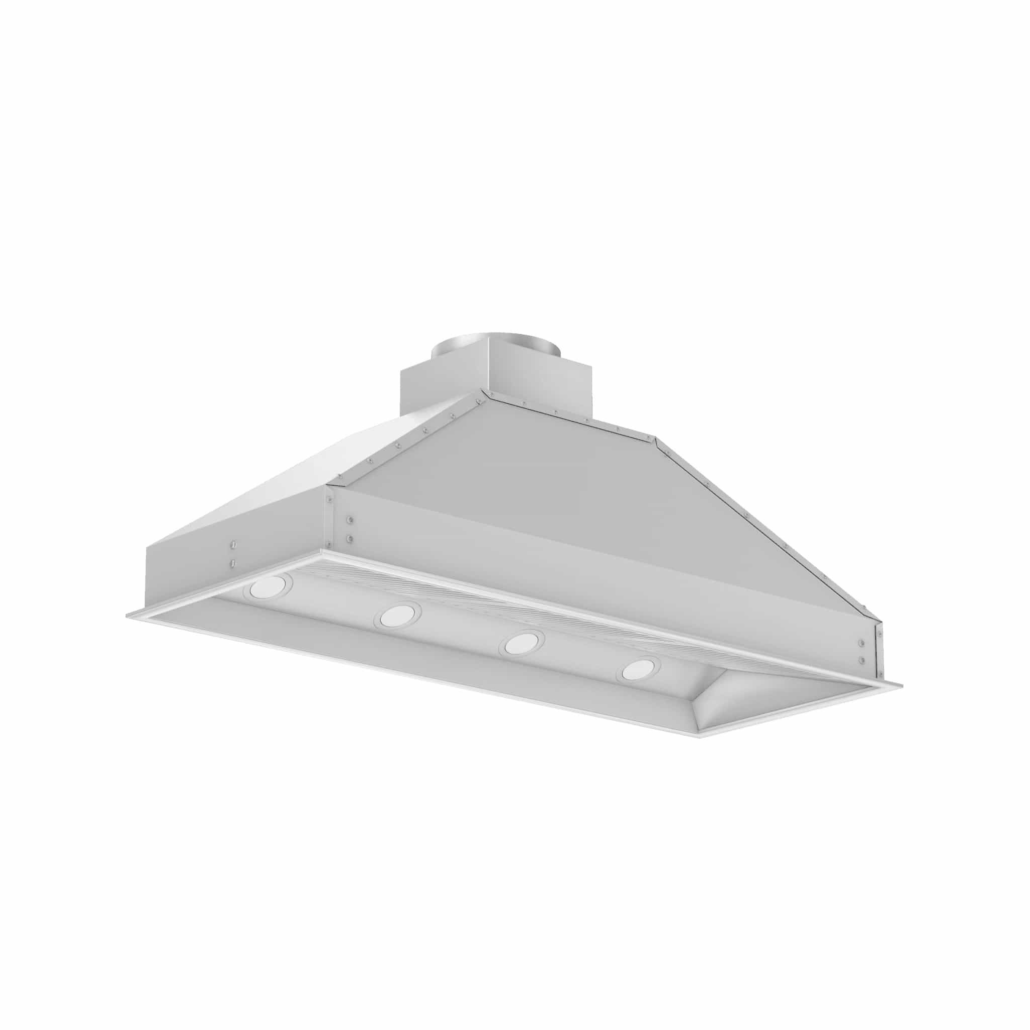Stainless steel ducted range hood insert with vent collar and baffle panel