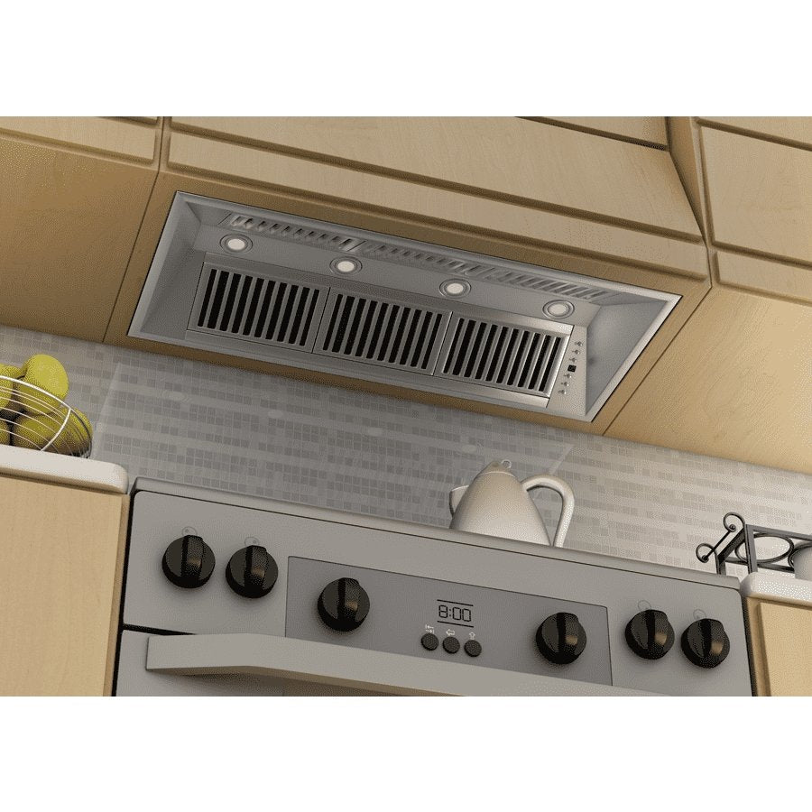 Stainless steel hood insert with front controls, vent grilles, and damper panel