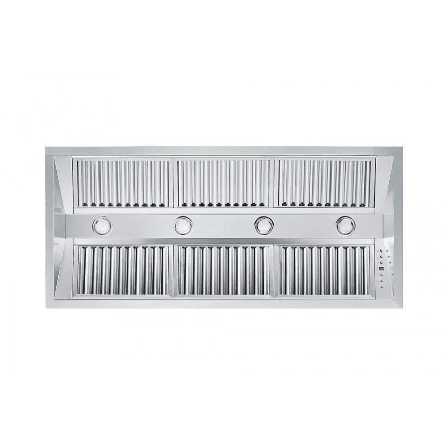 Stainless steel range hood insert front grille with four circular control buttons