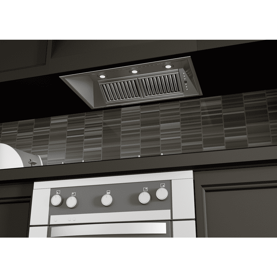 Stainless steel vent hood insert with vent grille and round control knobs