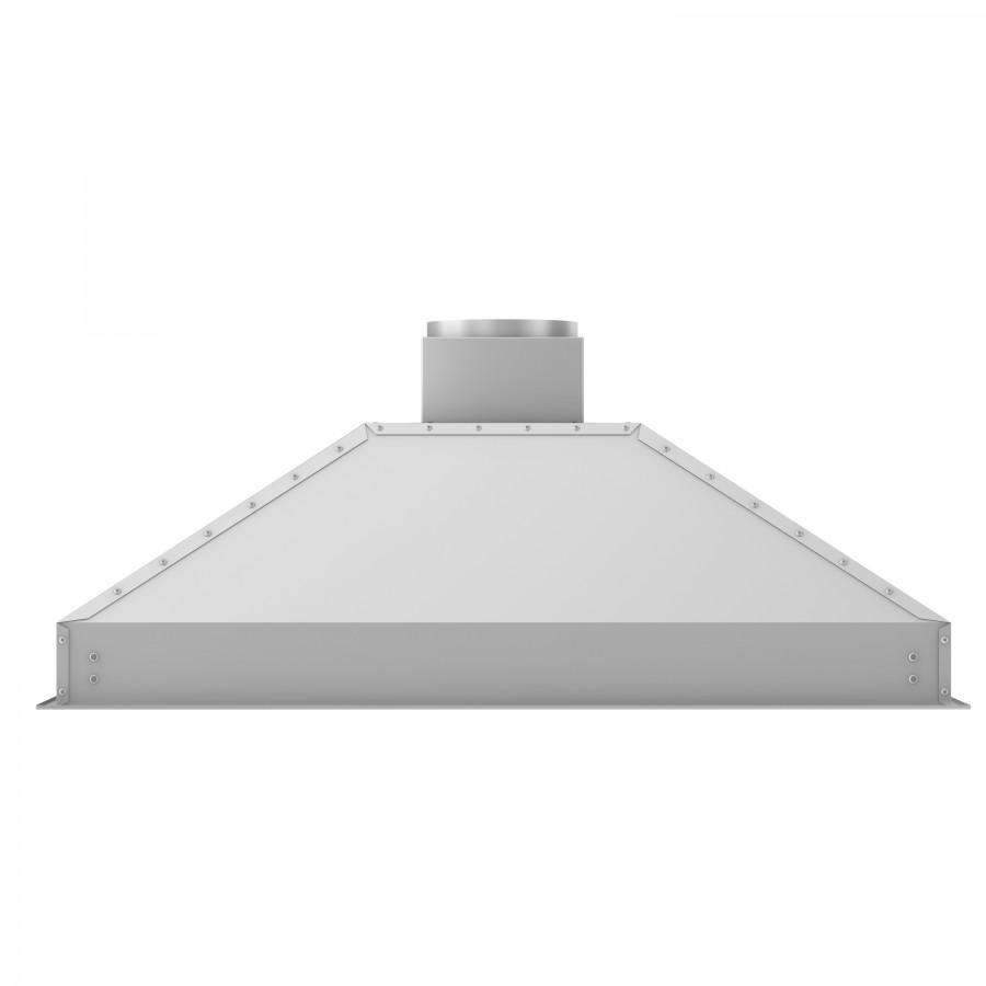 Stainless steel range hood insert with duct outlet collar, side profile view