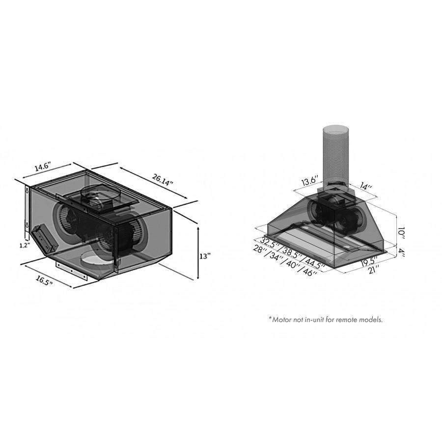 Range hood blower unit dimensional diagram with vent collar and motor housing