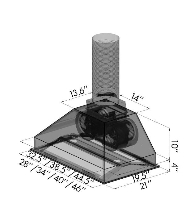Range hood insert with duct collar and baffle, shown with size dimension lines