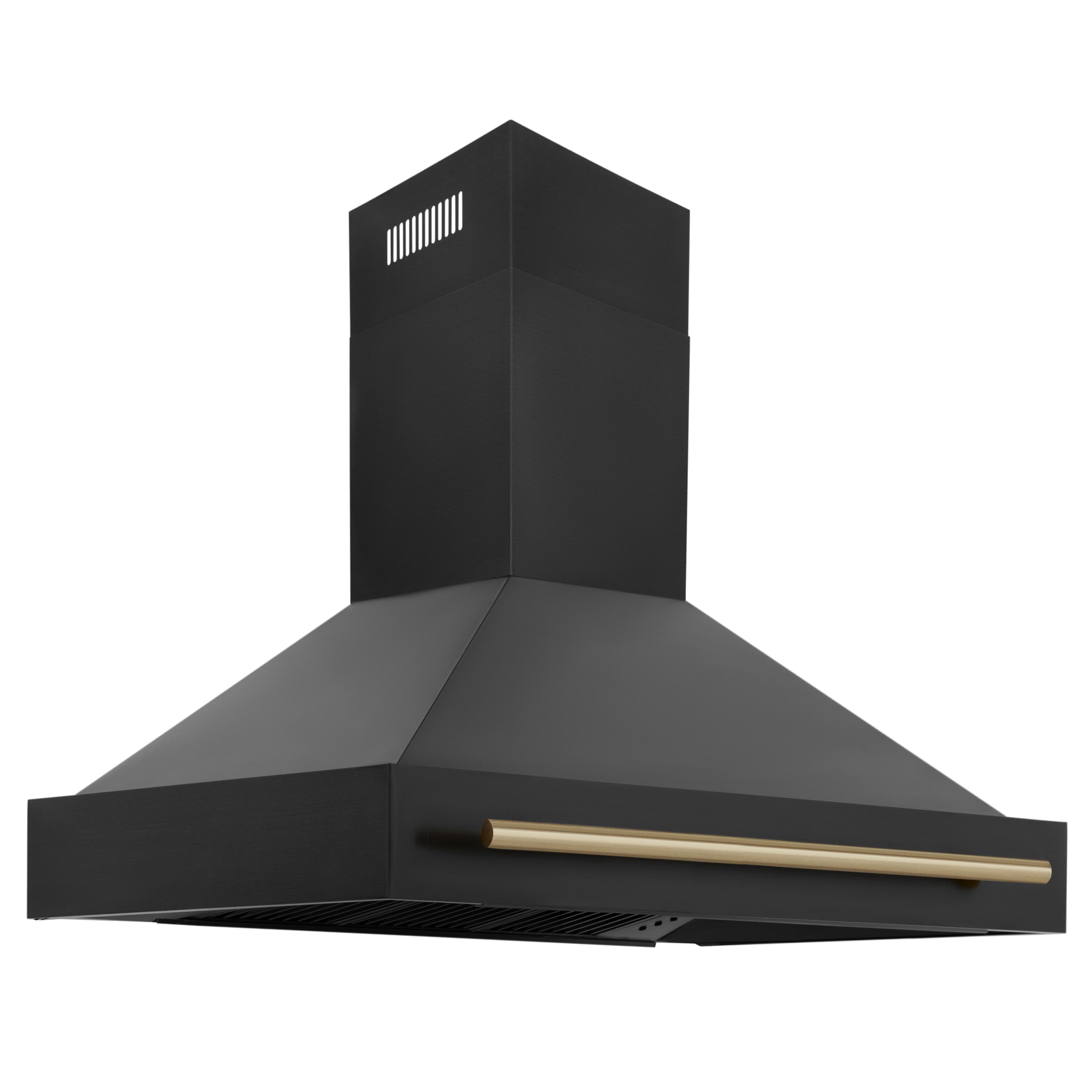 Black stainless wall mount range hood with champagne bronze bar handle, angled view.