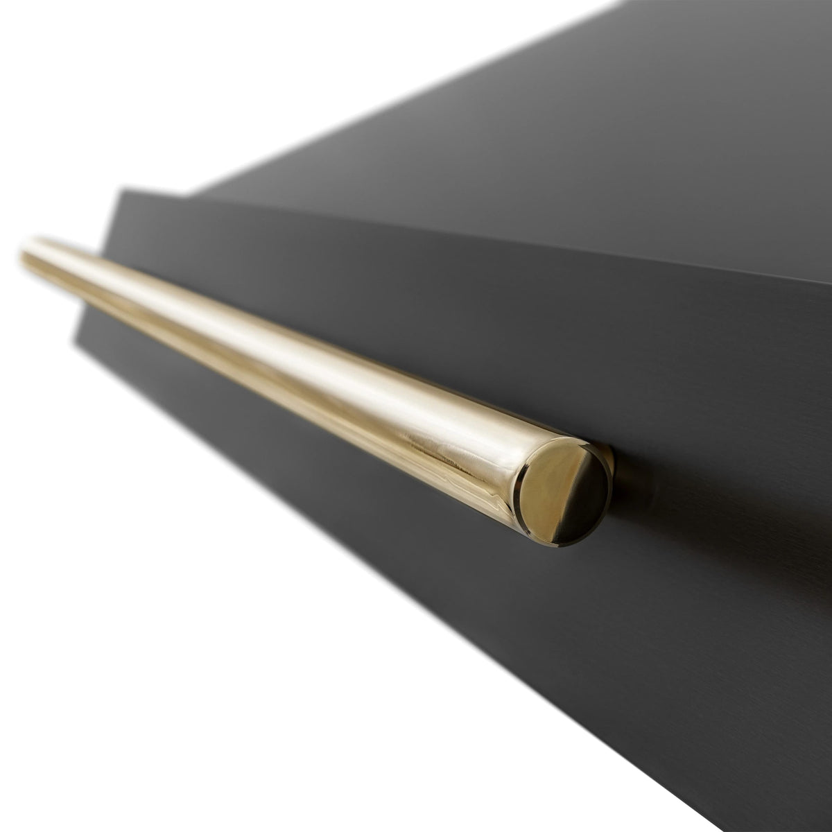 Black range hood front edge with gold handle bar