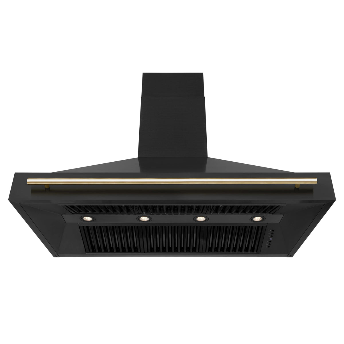 Black wall mount range hood front with vent grilles and four LED bulbs