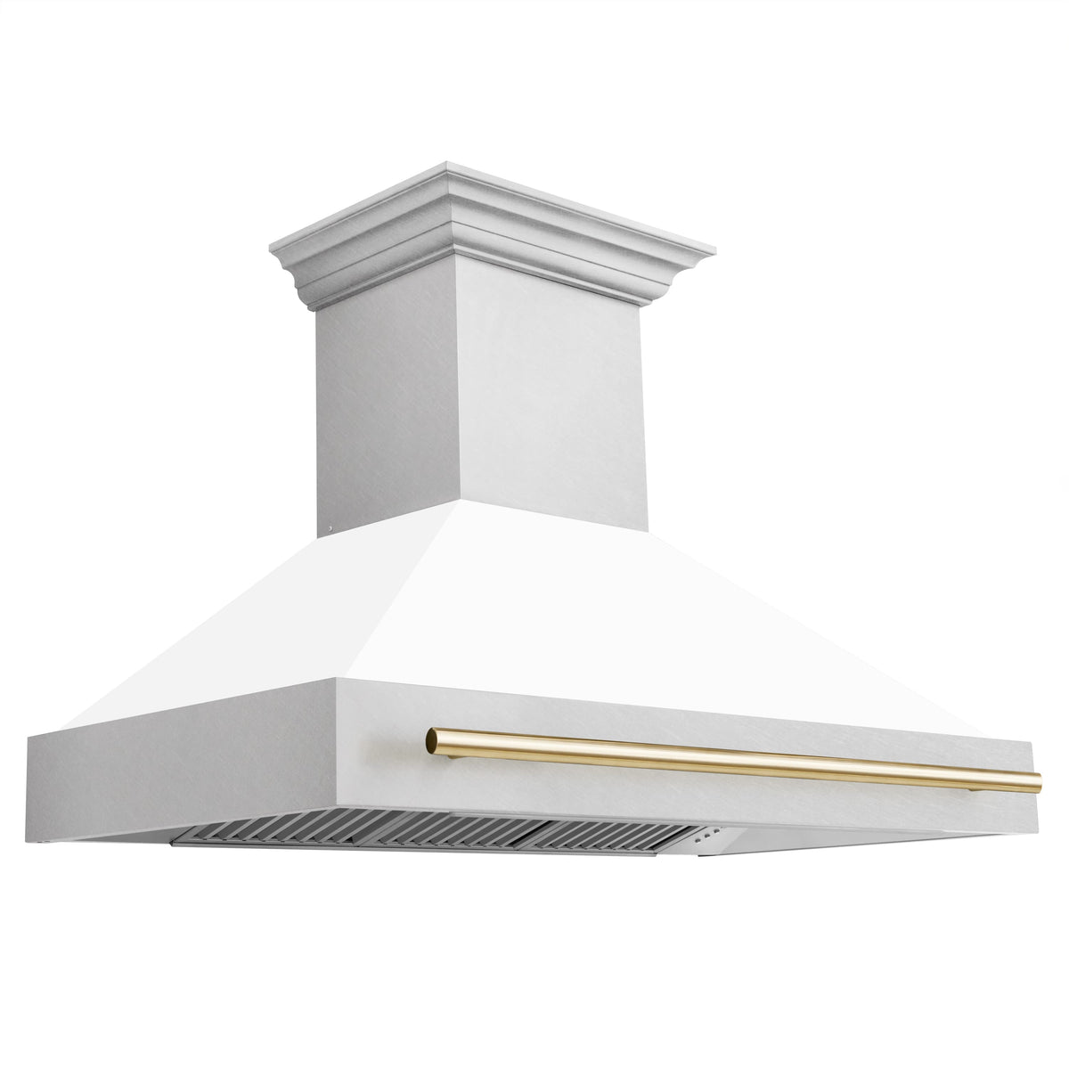 White wall-mount range hood with gold trim and vented stainless filter