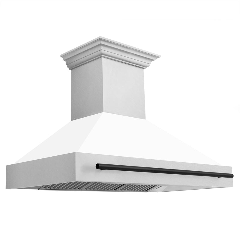 ZLINE Autograph Edition 2-Piece Appliance Package - 48-Inch Gas Range & Wall Mounted Range Hood in DuraSnow® Stainless Steel with White Matte Door and Matte Black Trim (2AKPR-RGSWMRH48-MB)