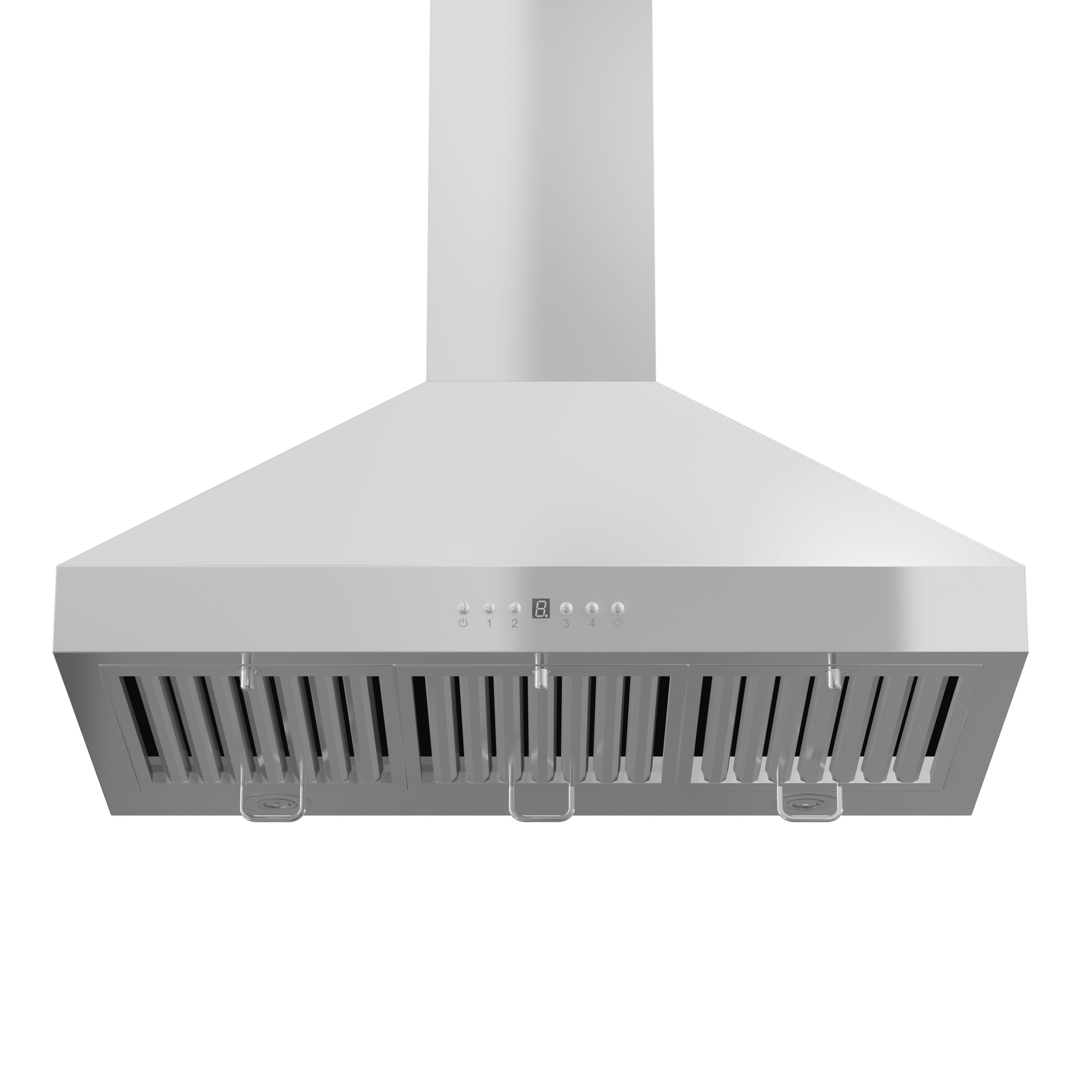 Stainless steel island range hood underside view with vent slots and row of control buttons