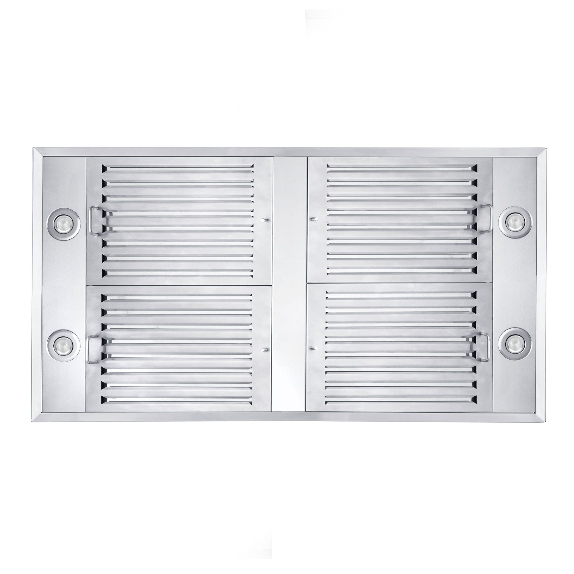 Stainless steel convertible hood with twin filter baffle panels and side mounting knobs