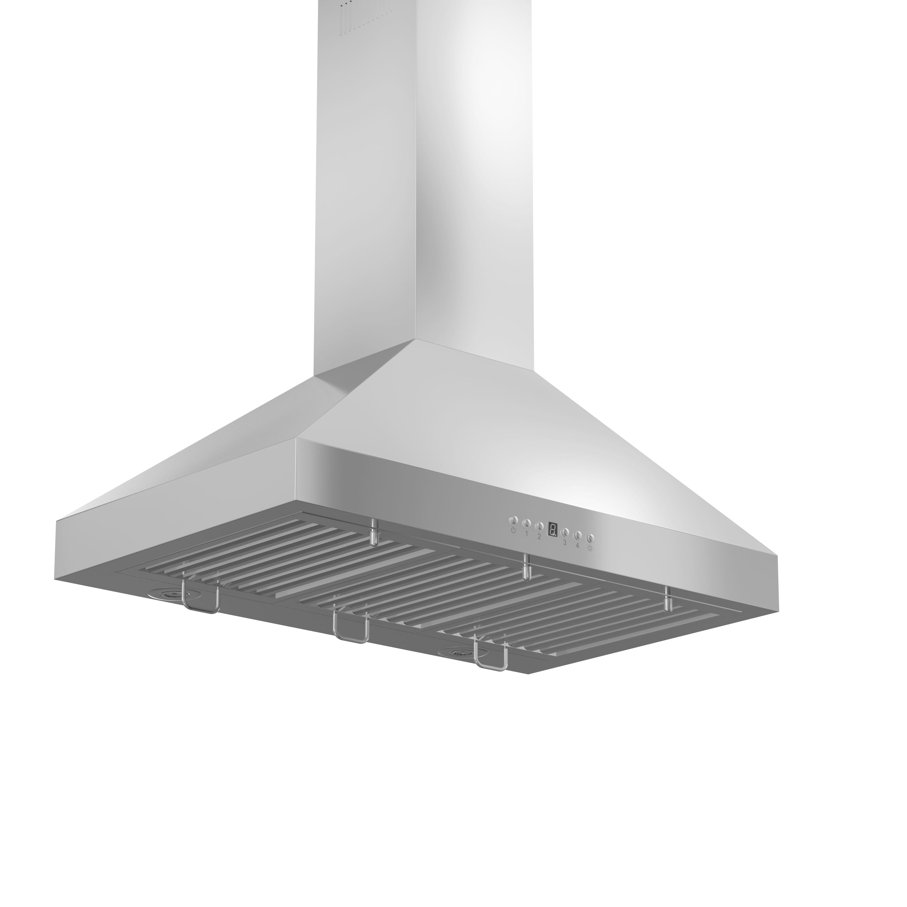 Stainless steel island range hood underside with filter grate and front control buttons