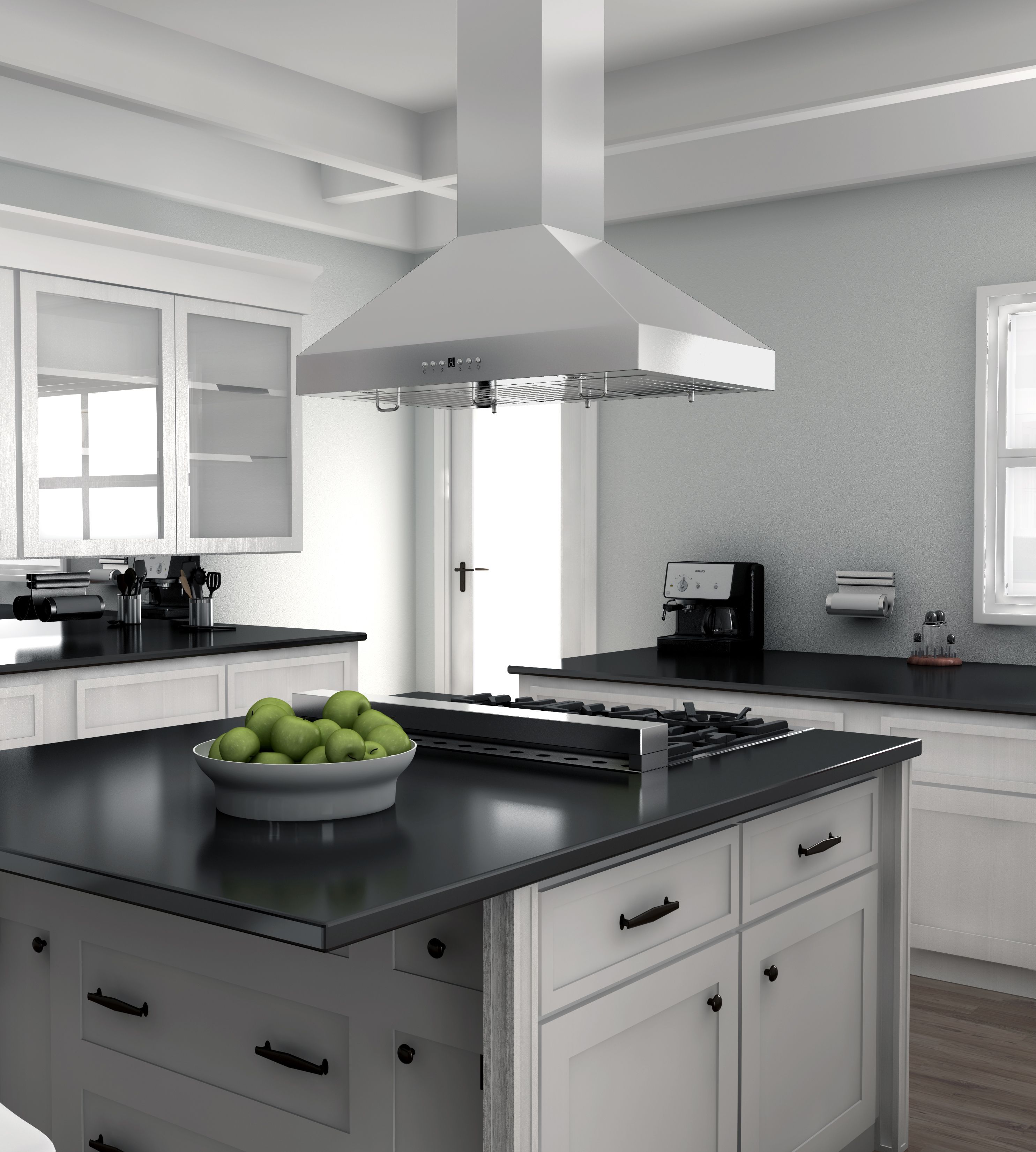 Stainless steel island range hood centered over cooktop with chimney column