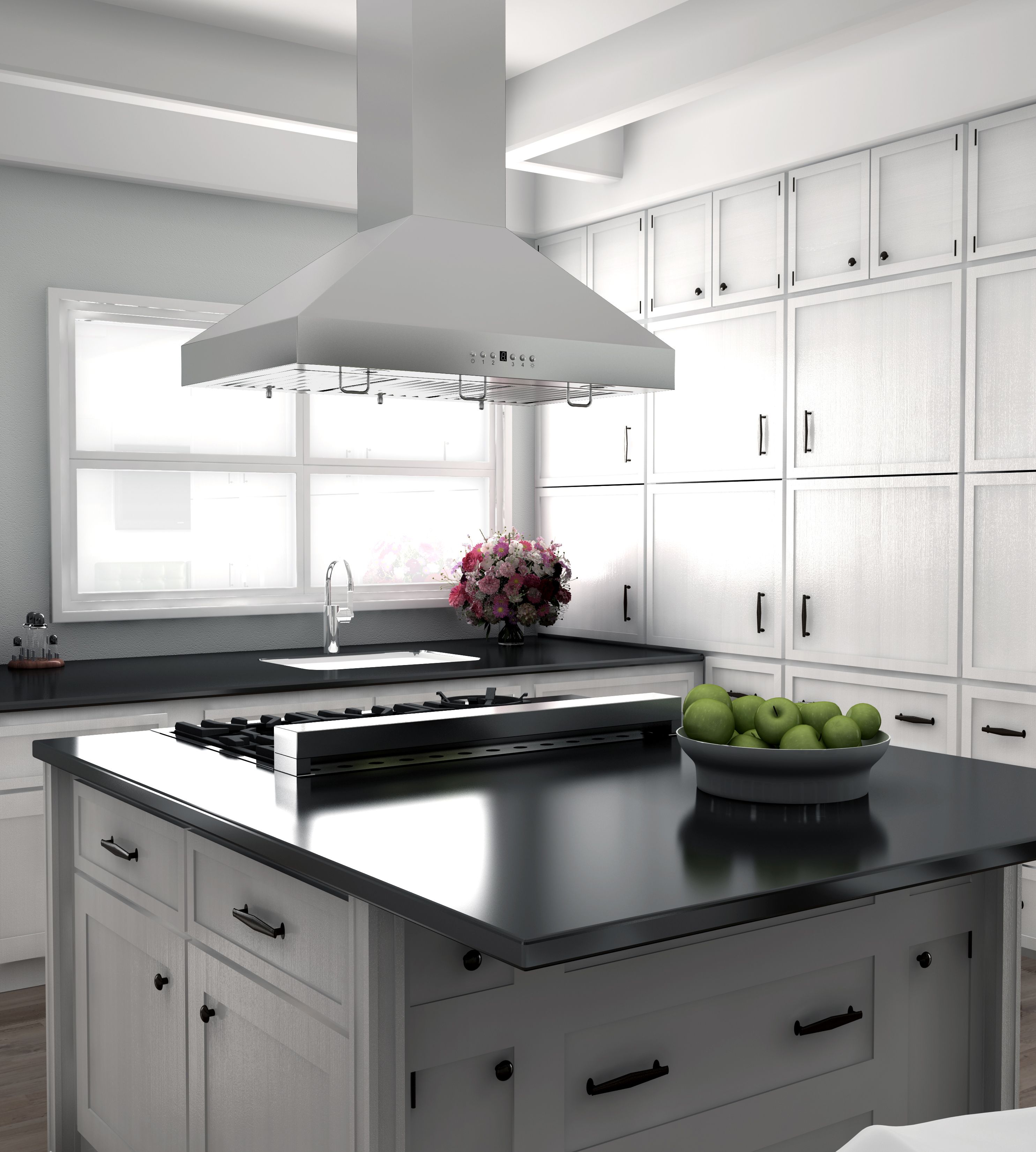 Stainless steel island range hood with chimney column above cooktop and vent canopy