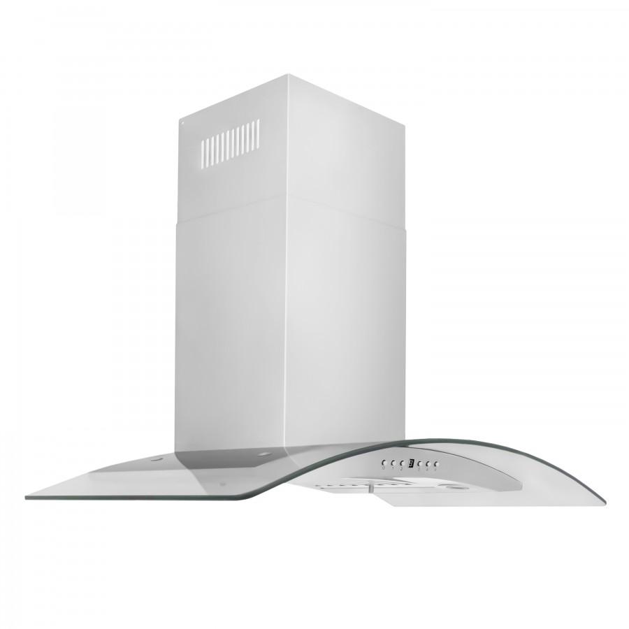 Convertible wall range hood with curved glass canopy and stainless chimney, angled front view