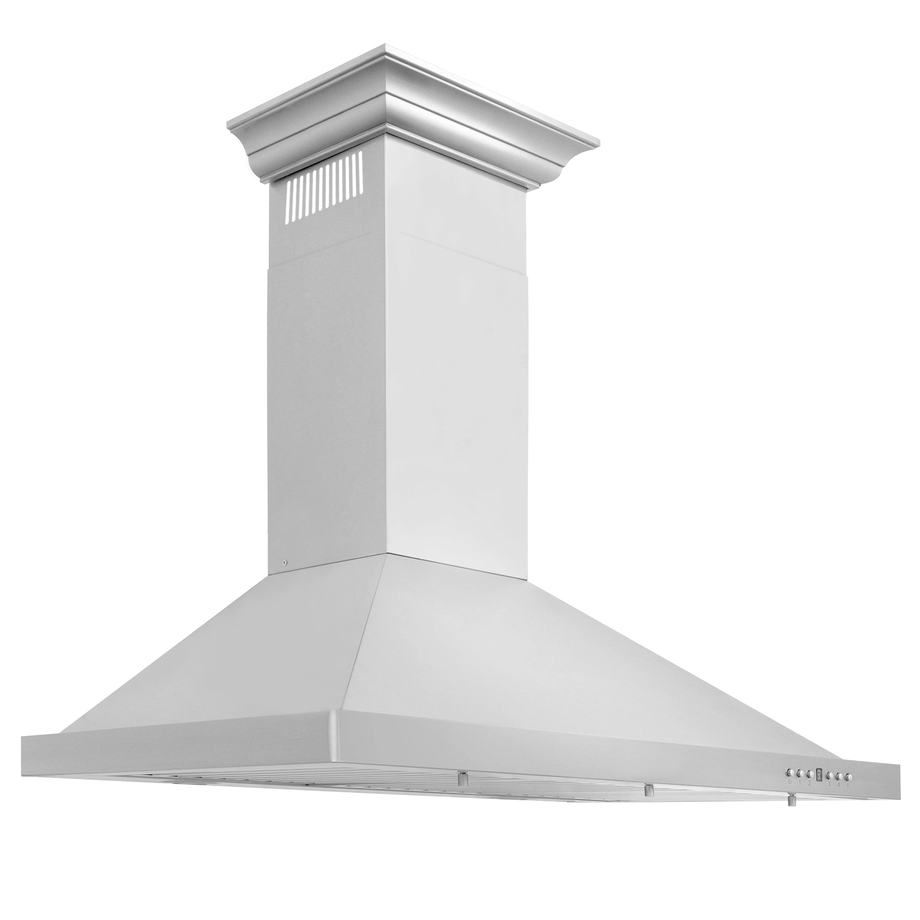Wall-mount convertible range hood with chimney column and crown trim, stainless steel.