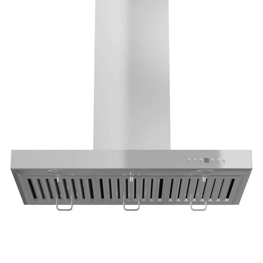 Stainless steel wall range hood front panel with vent slats and buttons