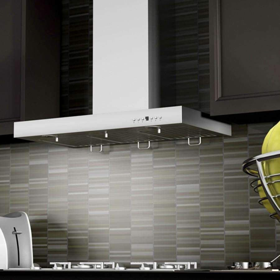 Stainless steel wall range hood with control panel and hanging grease filters