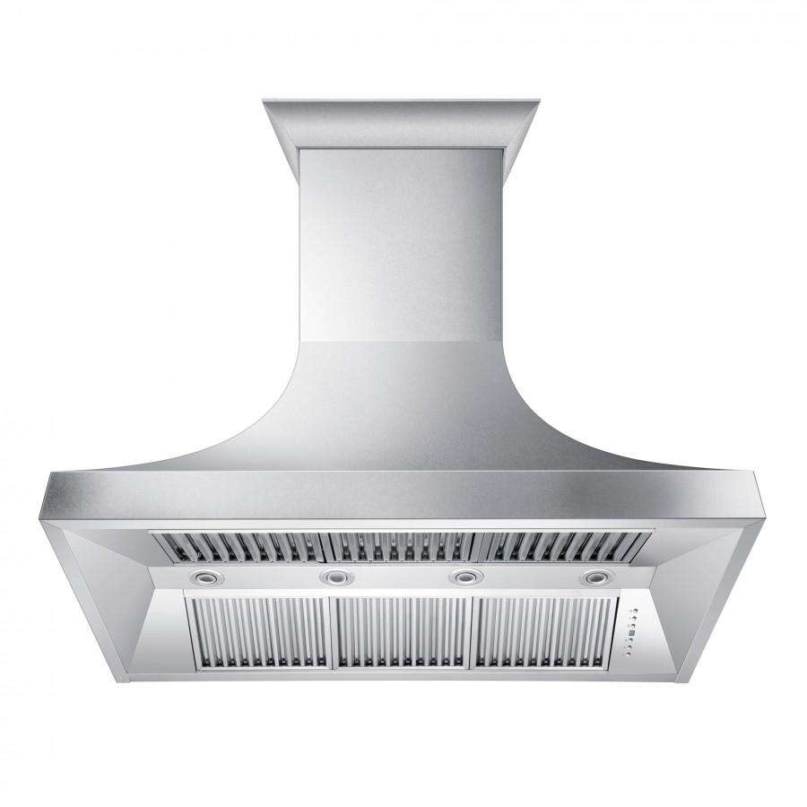 Wall range hood with stainless steel chimney and underside vent grilles