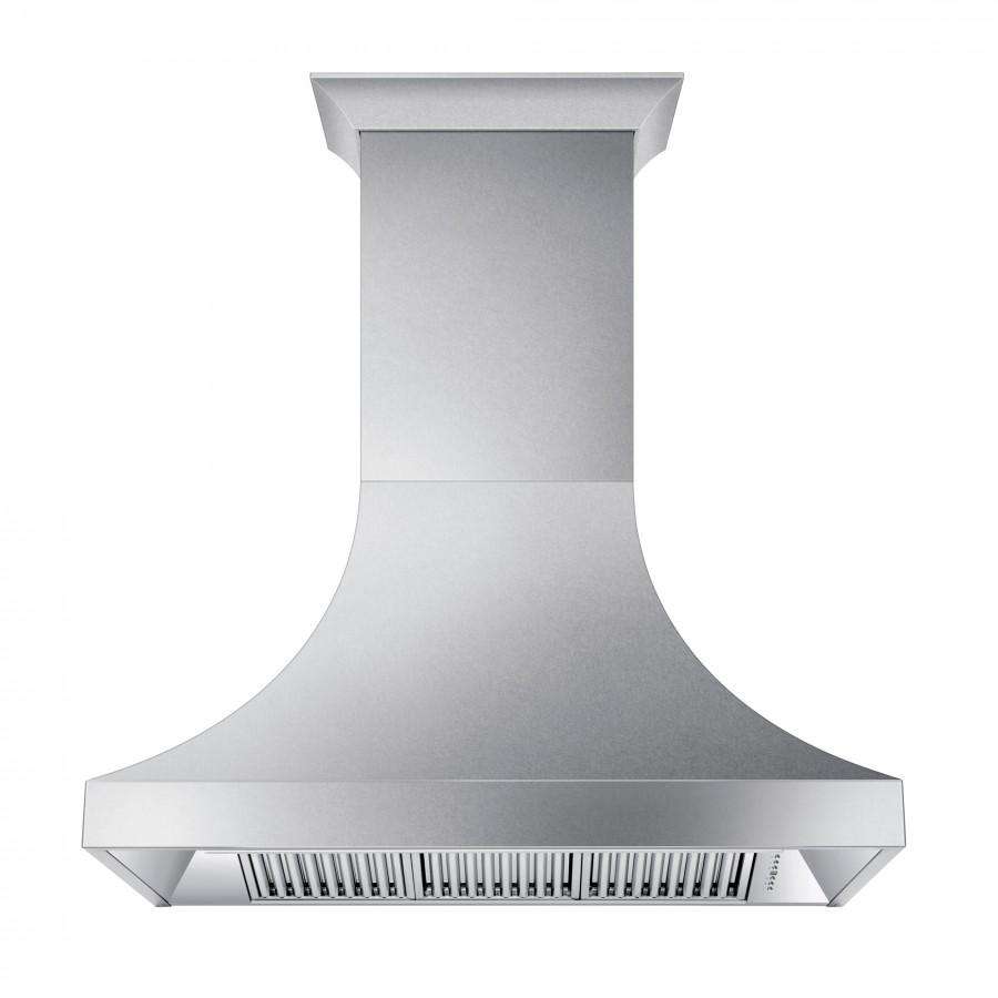 Satin stainless steel wall range hood with flared chimney top and vent filter grille