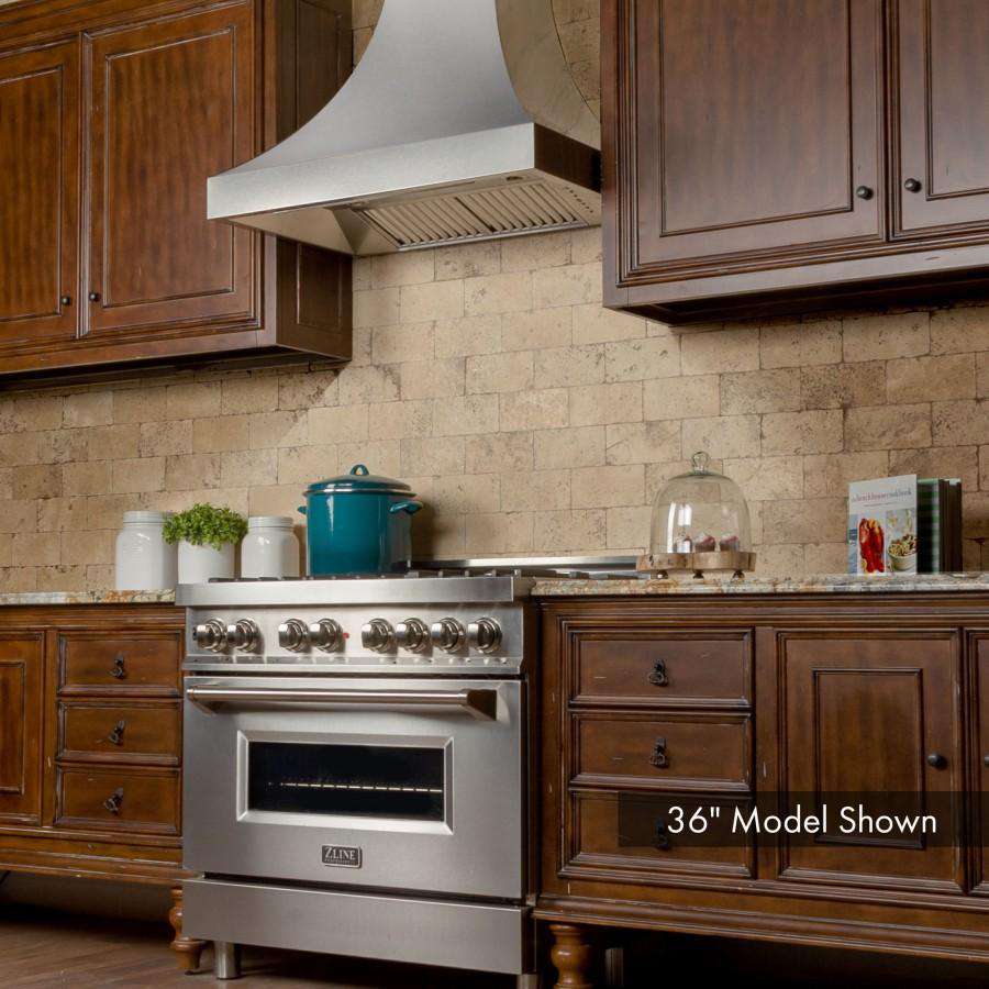 Stainless steel wall range hood with vent hood and slim control panel below chimney