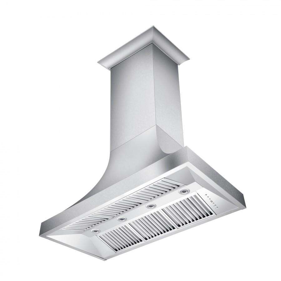 Stainless steel wall range hood with rectangular vent and baffle filter grilles