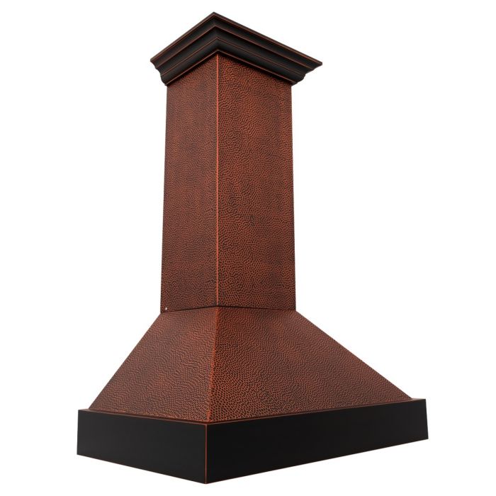 Hand-hammered copper wall range hood chimney with dark boxed vent base