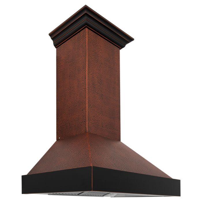 Hand-hammered copper chimney wall range hood with dark top trim
