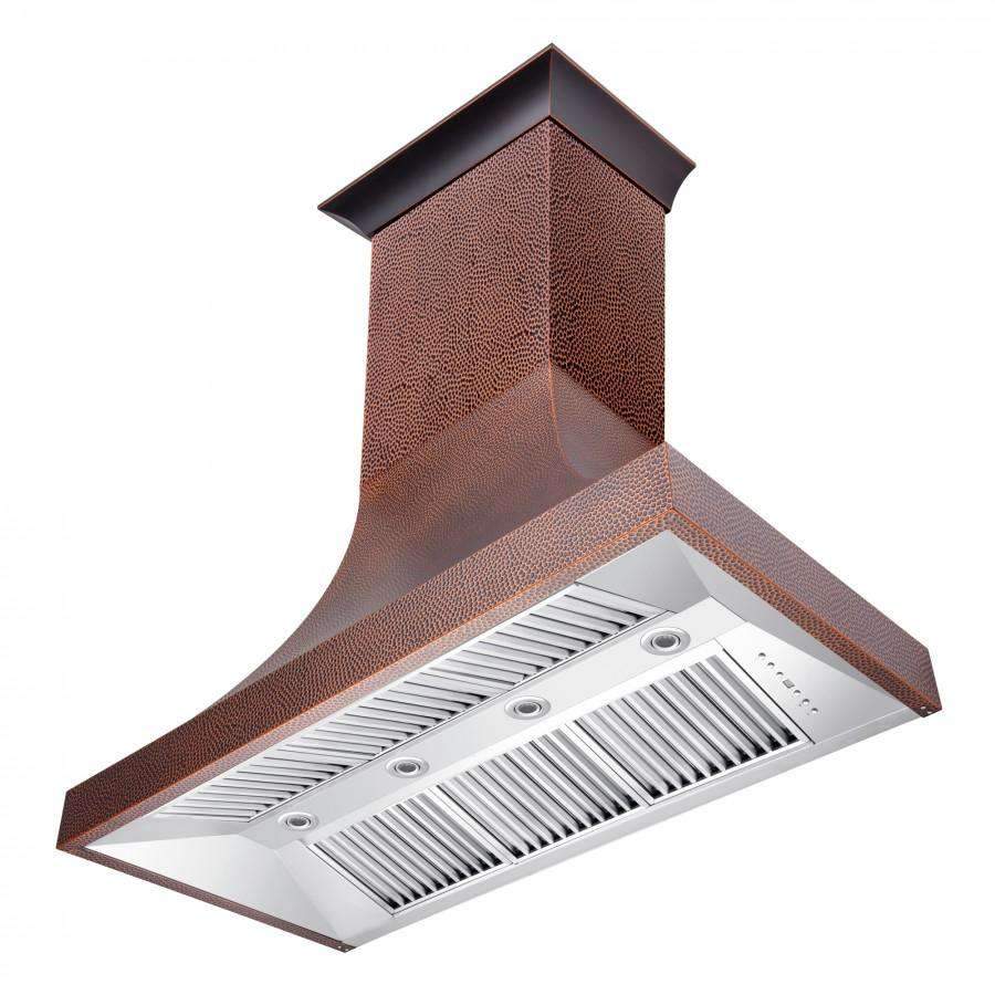 Copper hammered-finish chimney-style wall range hood with stainless vent baffles