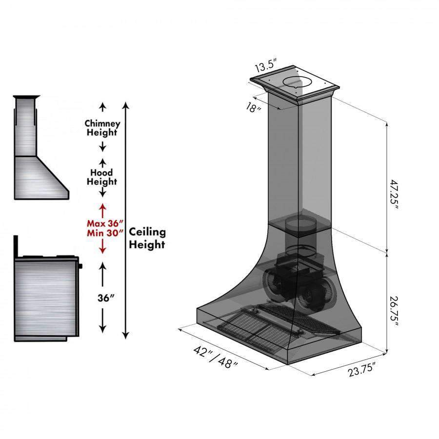 Chimney-style wall range hood size diagram with measurements and vent chimney shape