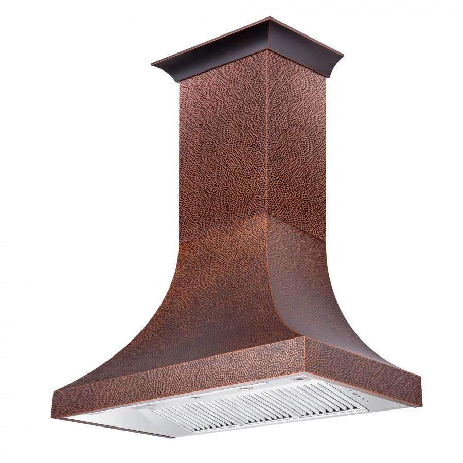 Hammered copper chimney-style wall range hood with stainless baffle vent