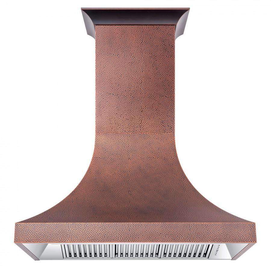Copper hammered-finish chimney-style range hood with front vent panel and wide canopy