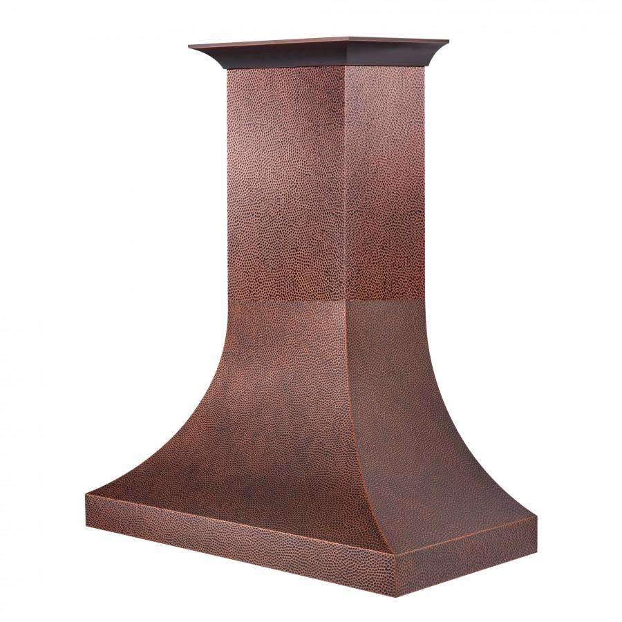 Copper hammered-finish wall range hood chimney with flared base and smooth top rim