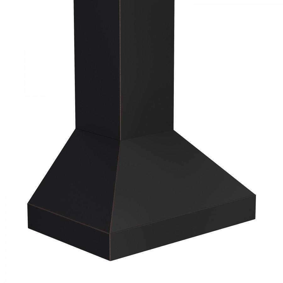 Wall-mounted range hood with dark square chimney design and flared canopy
