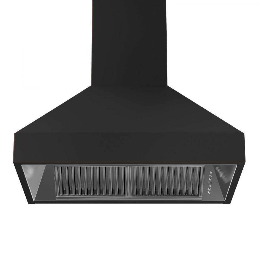 Wall range hood front intake with baffle filter and black canopy chimney